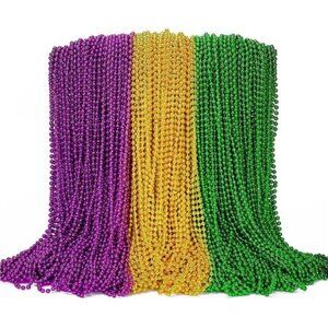 100PCS Mardi Gras Beads, Green Purple Gold Metallic Mardi Gras Beads Necklaces